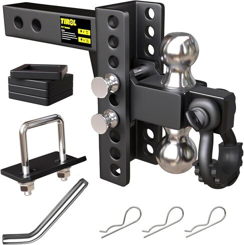 TIROL 2 Inch Adjustable Trailer Hitch Receiver with Shackle - 4 Inch Drop/Rise Drop Hitch, 2'' & 2-5/16'' Ball Hitches, 25000 Lbs Heavy Duty Towing Ball Mount, RVs, Campers, Boat Trailers in Kuwait