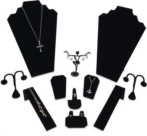 MOOCA 9 Pcs Jewelry Display Set, Necklace Display Bust, Bracelet Holder Stand, Earring Organizer, Ring Holder Stand for Showcase and Store, Black Velvet in Kuwait