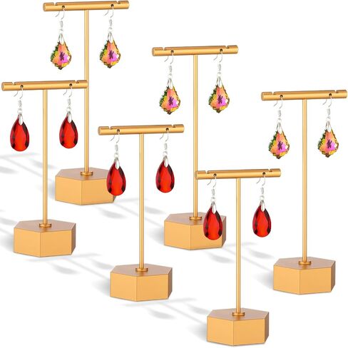 6 Pcs Metal Earring T Bar Stand Retail Earring Display Stand Holder with Hexagon Base Tabletop Jewelry Tower Necklace Organizer for Bangles Bracelets, Hexagon Base 6 Pcs Height 4.5" and 5.3"(Gold) in Saudi Arabia