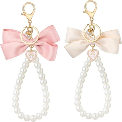 2Pcs Cute Bow Keychain for Women,Purse Charms Bow Bag Charms for Handbag, Pearl Keychain Accessories for Car in Saudi Arabia