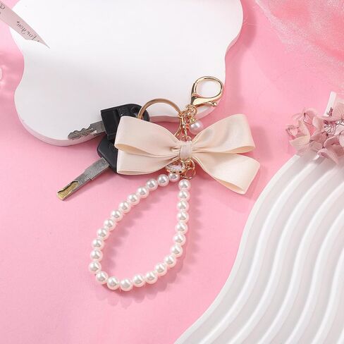 2Pcs Cute Bow Keychain for Women,Purse Charms Bow Bag Charms for Handbag, Pearl Keychain Accessories for Car in Saudi Arabia