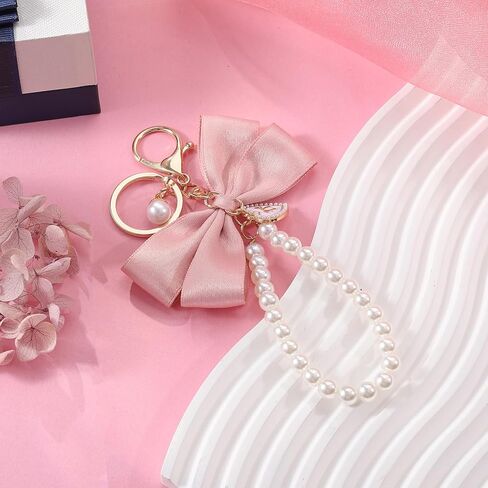 2Pcs Cute Bow Keychain for Women,Purse Charms Bow Bag Charms for Handbag, Pearl Keychain Accessories for Car in Saudi Arabia
