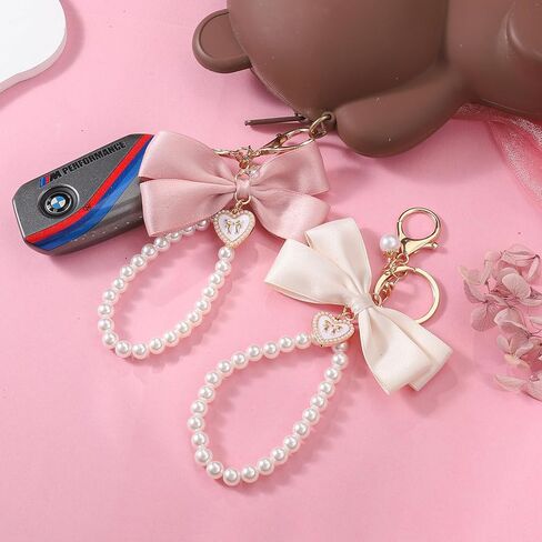2Pcs Cute Bow Keychain for Women,Purse Charms Bow Bag Charms for Handbag, Pearl Keychain Accessories for Car in Saudi Arabia