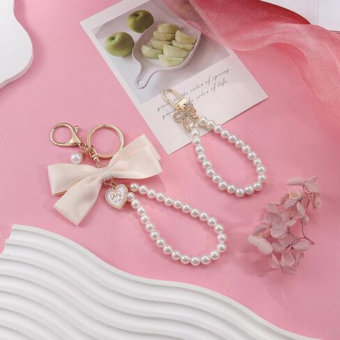 2Pcs Cute Bow Keychain for Women,Purse Charms Bow Bag Charms for Handbag, Pearl Keychain Accessories for Car in Saudi Arabia