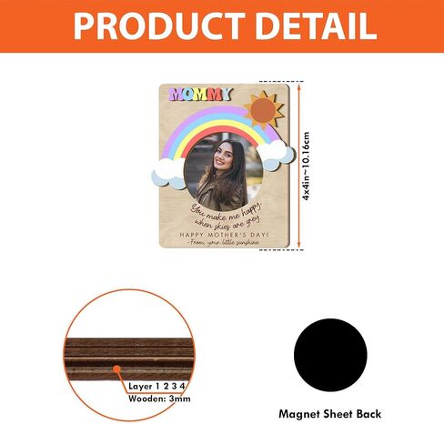 Mom Magnetic Picture Frame for Fridge, 4" Wooden Magnetic Picture Frame, for Mom, Mommy, Auntie, Grandma, Picture Magnets for Refrigerator, Rainbow You Make Me Happy in Kuwait