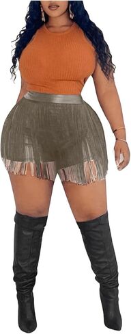 Floerns Women's Plus Size Tassel Trim PU Leather High Waist Straight Leg Mini Shorts in Kuwait