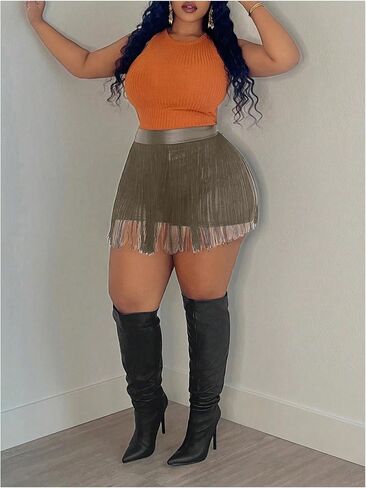 Floerns Women's Plus Size Tassel Trim PU Leather High Waist Straight Leg Mini Shorts in Kuwait