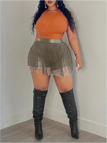 Floerns Women's Plus Size Tassel Trim PU Leather High Waist Straight Leg Mini Shorts in Kuwait