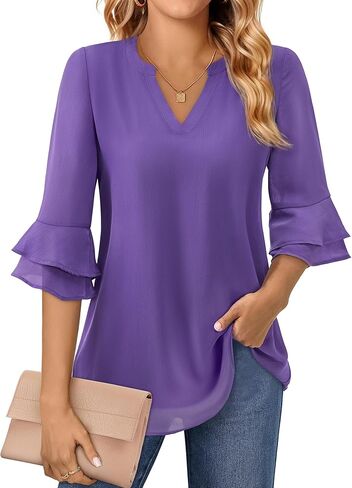 بلوزة للنساء الأنيق الربيع غير الرسمي صيف 3/4 قمم كشكش قمم مزدوجة الطبقات ذات الطبقات غير الرسمية قمصان العمل in Kuwait