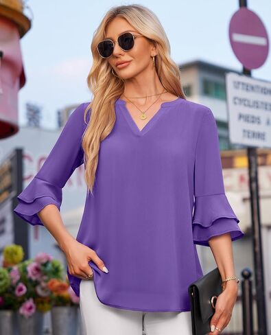 بلوزة للنساء الأنيق الربيع غير الرسمي صيف 3/4 قمم كشكش قمم مزدوجة الطبقات ذات الطبقات غير الرسمية قمصان العمل in Kuwait