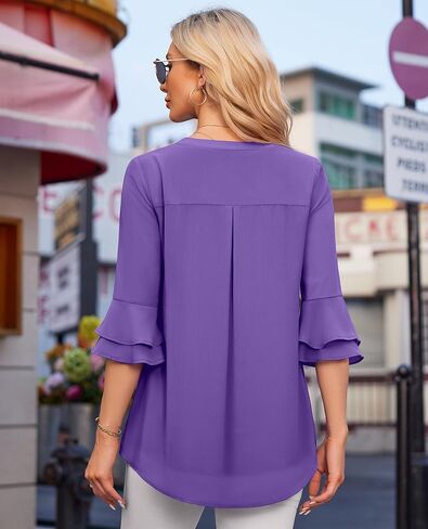 بلوزة للنساء الأنيق الربيع غير الرسمي صيف 3/4 قمم كشكش قمم مزدوجة الطبقات ذات الطبقات غير الرسمية قمصان العمل in Kuwait