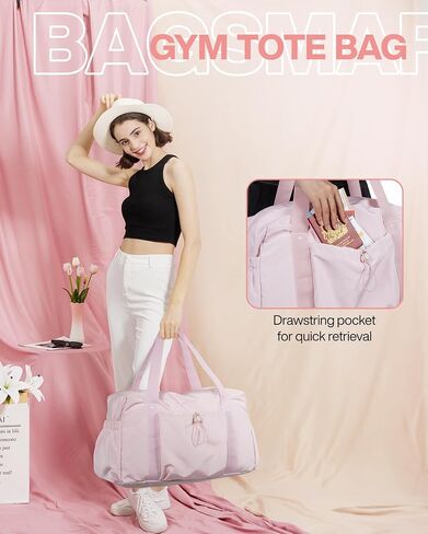 BAGSMART Foldable Travel Duffle Bag For Women, Gym Tote Bag for Sports, 26L Airport Carry On Weekender Overnight Bag for Travel, Travel Accessories(Baby Pink) in Kuwait
