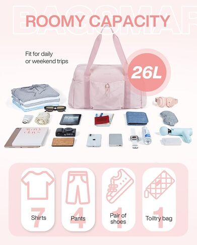 BAGSMART Foldable Travel Duffle Bag For Women, Gym Tote Bag for Sports, 26L Airport Carry On Weekender Overnight Bag for Travel, Travel Accessories(Baby Pink) in Kuwait
