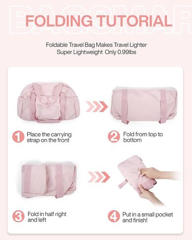 BAGSMART Foldable Travel Duffle Bag For Women, Gym Tote Bag for Sports, 26L Airport Carry On Weekender Overnight Bag for Travel, Travel Accessories(Baby Pink) in Kuwait