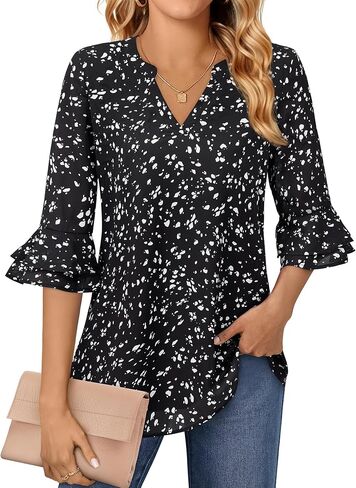 Blouse for Women Dressy Casual Spring Summer 3/4 Ruffle Sleeve Tops Double Layered Business Casual Tunic Work Shirts in Kuwait