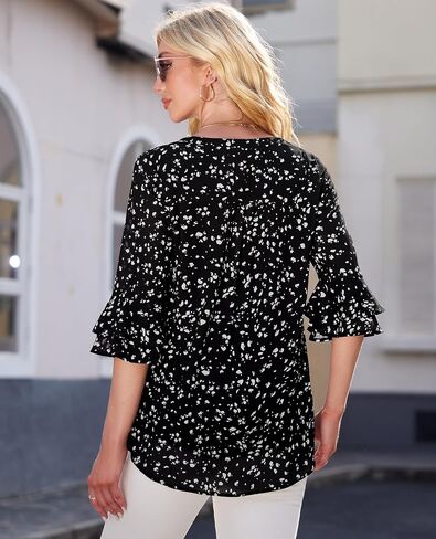 Blouse for Women Dressy Casual Spring Summer 3/4 Ruffle Sleeve Tops Double Layered Business Casual Tunic Work Shirts in Kuwait