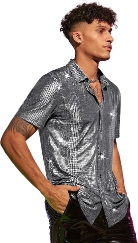 WDIRARA Men's 70s Sparkly Disco Top Crocodile Pattern Metallic Rave Button Front Shirt Short Sleeve Party T Shirt in Kuwait