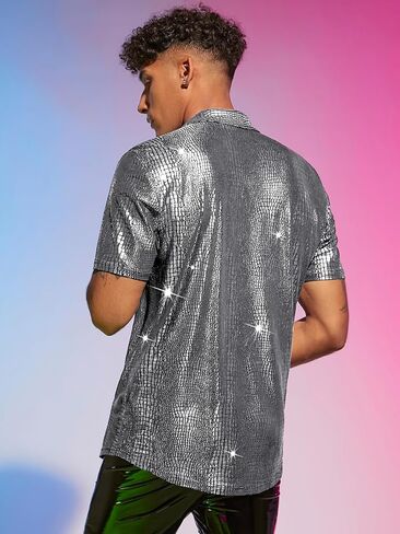 WDIRARA Men's 70s Sparkly Disco Top Crocodile Pattern Metallic Rave Button Front Shirt Short Sleeve Party T Shirt in Kuwait