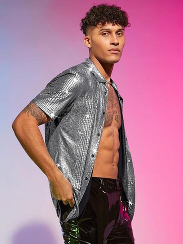 WDIRARA Men's 70s Sparkly Disco Top Crocodile Pattern Metallic Rave Button Front Shirt Short Sleeve Party T Shirt in Kuwait