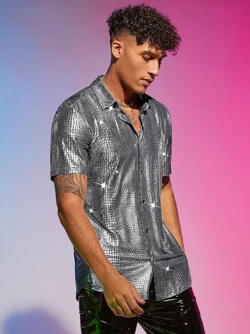 WDIRARA Men's 70s Sparkly Disco Top Crocodile Pattern Metallic Rave Button Front Shirt Short Sleeve Party T Shirt in Kuwait