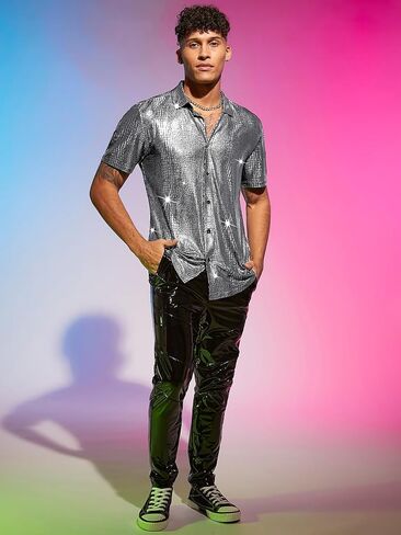 WDIRARA Men's 70s Sparkly Disco Top Crocodile Pattern Metallic Rave Button Front Shirt Short Sleeve Party T Shirt in Kuwait