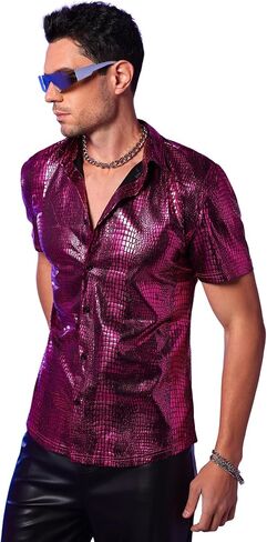 WDIRARA Men's 70s Sparkly Disco Top Crocodile Pattern Metallic Rave Button Front Shirt Short Sleeve Party T Shirt in Kuwait