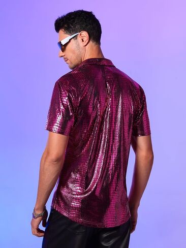 WDIRARA Men's 70s Sparkly Disco Top Crocodile Pattern Metallic Rave Button Front Shirt Short Sleeve Party T Shirt in Kuwait