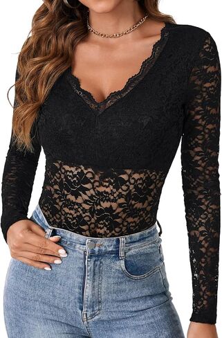 LYANER Women's Sexy Lace Bodysuit Deep V Neck Body Suits Sheer Long Sleeve Slim Fit Leotards Tops in Saudi Arabia