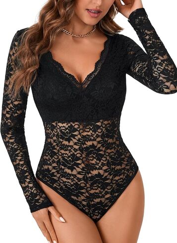 LYANER Women's Sexy Lace Bodysuit Deep V Neck Body Suits Sheer Long Sleeve Slim Fit Leotards Tops in Saudi Arabia