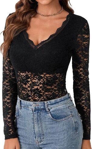 LYANER Women's Sexy Lace Bodysuit Deep V Neck Body Suits Sheer Long Sleeve Slim Fit Leotards Tops in Saudi Arabia