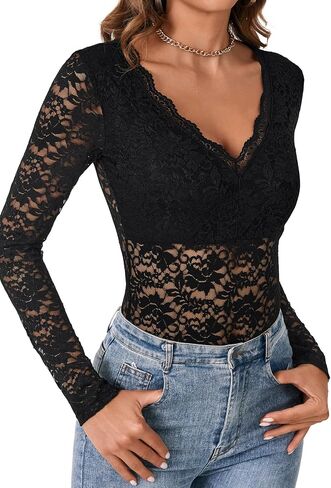 LYANER Women's Sexy Lace Bodysuit Deep V Neck Body Suits Sheer Long Sleeve Slim Fit Leotards Tops in Saudi Arabia