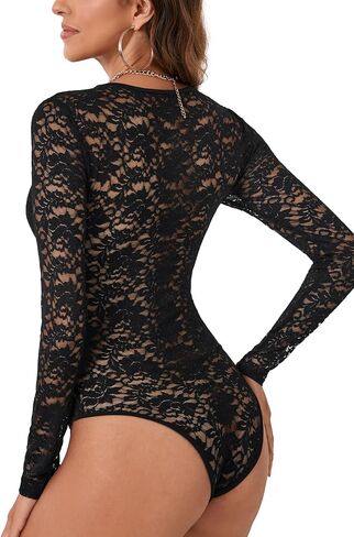 LYANER Women's Sexy Lace Bodysuit Deep V Neck Body Suits Sheer Long Sleeve Slim Fit Leotards Tops in Saudi Arabia