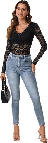 LYANER Women's Sexy Lace Bodysuit Deep V Neck Body Suits Sheer Long Sleeve Slim Fit Leotards Tops in Saudi Arabia