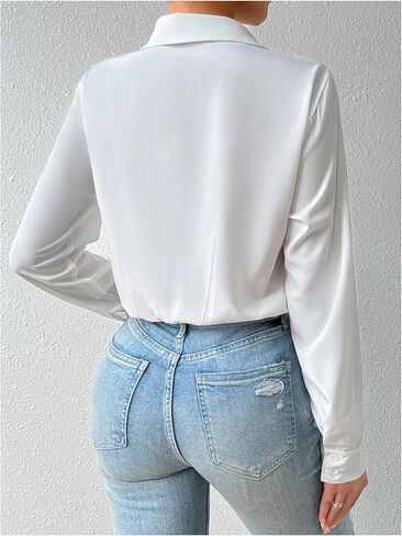 SweatyRocks Women's Button Down Long Sleeve Bodysuit Lapel Collar Casual Leotard Tops in Kuwait