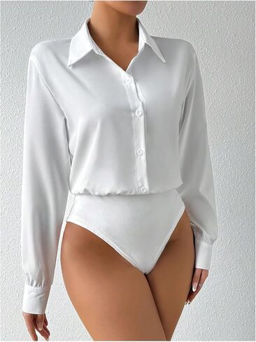 SweatyRocks Women's Button Down Long Sleeve Bodysuit Lapel Collar Casual Leotard Tops in Kuwait
