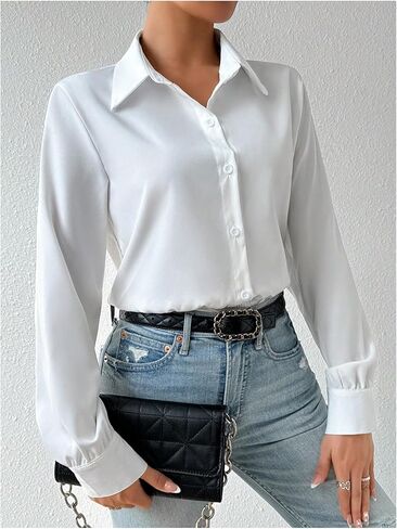 SweatyRocks Women's Button Down Long Sleeve Bodysuit Lapel Collar Casual Leotard Tops in Kuwait