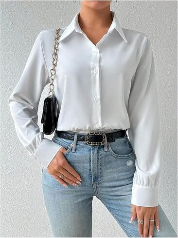 SweatyRocks Women's Button Down Long Sleeve Bodysuit Lapel Collar Casual Leotard Tops in Kuwait