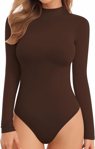 MANGOPOP Long Sleeve Double Lined Bodysuit for Women Mock Turtle Neck Body Suit Tops in Kuwait