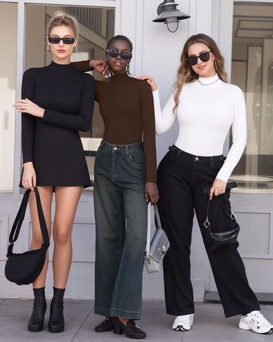 MANGOPOP Long Sleeve Double Lined Bodysuit for Women Mock Turtle Neck Body Suit Tops in Kuwait