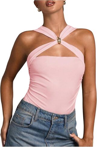 MakeMeChic Women's Criss Cross Halter Bodysuit Ring Cut Out Sleeveless Fitted Leotard Tops in Kuwait