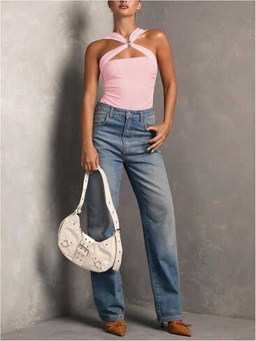 MakeMeChic Women's Criss Cross Halter Bodysuit Ring Cut Out Sleeveless Fitted Leotard Tops in Kuwait