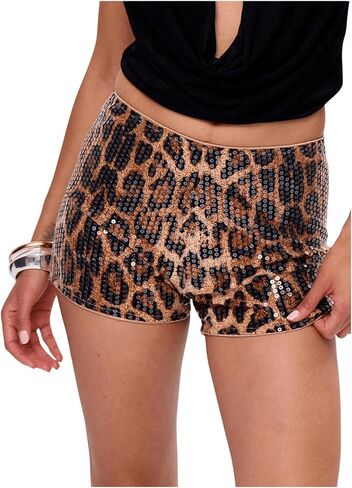 SHENHE Women's Leopard Print Sequin Shorts Low Rise Sparkly Mini Shorts Y2k Sexy Rave in Kuwait