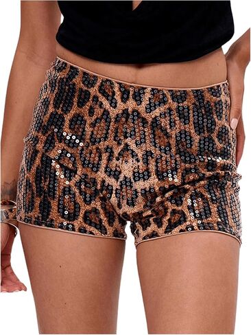 SHENHE Women's Leopard Print Sequin Shorts Low Rise Sparkly Mini Shorts Y2k Sexy Rave in Kuwait