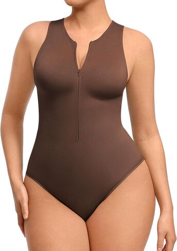 FeelinGirl Bodysuits for Women Seamless Body Suit Invisible Zip Up Crew Neck Slimming Ribbed Basic Tank Tops in Kuwait