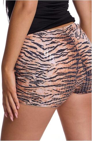 SHENHE Women's Leopard Print Sequin Shorts Low Rise Sparkly Mini Shorts Y2k Sexy Rave in Kuwait