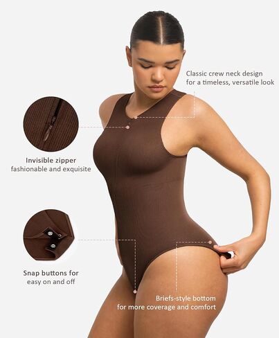 FeelinGirl Bodysuits for Women Seamless Body Suit Invisible Zip Up Crew Neck Slimming Ribbed Basic Tank Tops in Kuwait