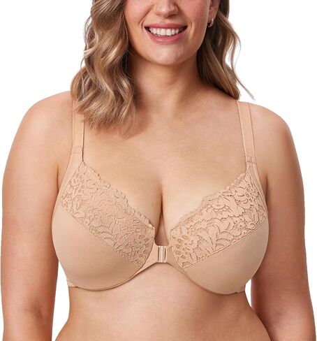 DELIMIRA Women's Front Closure Plus Size Full Coverage Lace Underwire Racerback Bra in Saudi Arabia