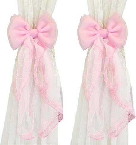 2 Pcs Bow Curtain Tiebacks Lace Bowknot Curtain Holdbacks Curtain Tie Straps for Home Office Decorative(Pink) in Kuwait