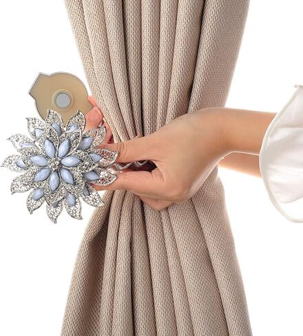 SUQ I OME Classic Luxury Big Crystal Magnetic Curtain Tieback and Holdback Flower Curtain Clips Buckle Curtain Holder Curtain Holdbacks(Silver,2PCS) in Kuwait