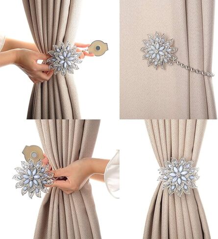 SUQ I OME Classic Luxury Big Crystal Magnetic Curtain Tieback and Holdback Flower Curtain Clips Buckle Curtain Holder Curtain Holdbacks(Silver,2PCS) in Kuwait